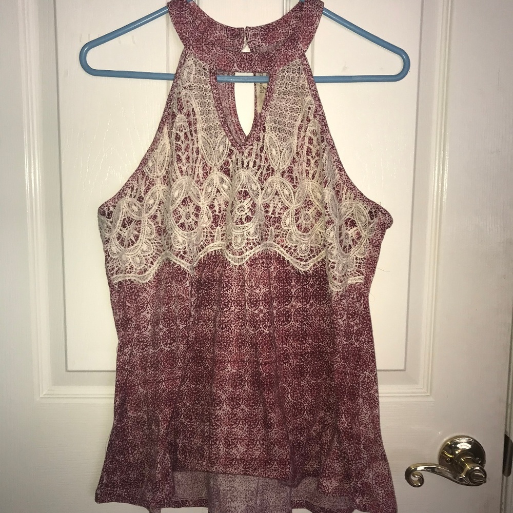 Lace and Patterned Tank Top with High Neckline